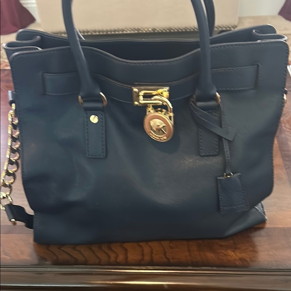 Michael Kors Hamilton Elegant Navy Blue Leather Tote Bag